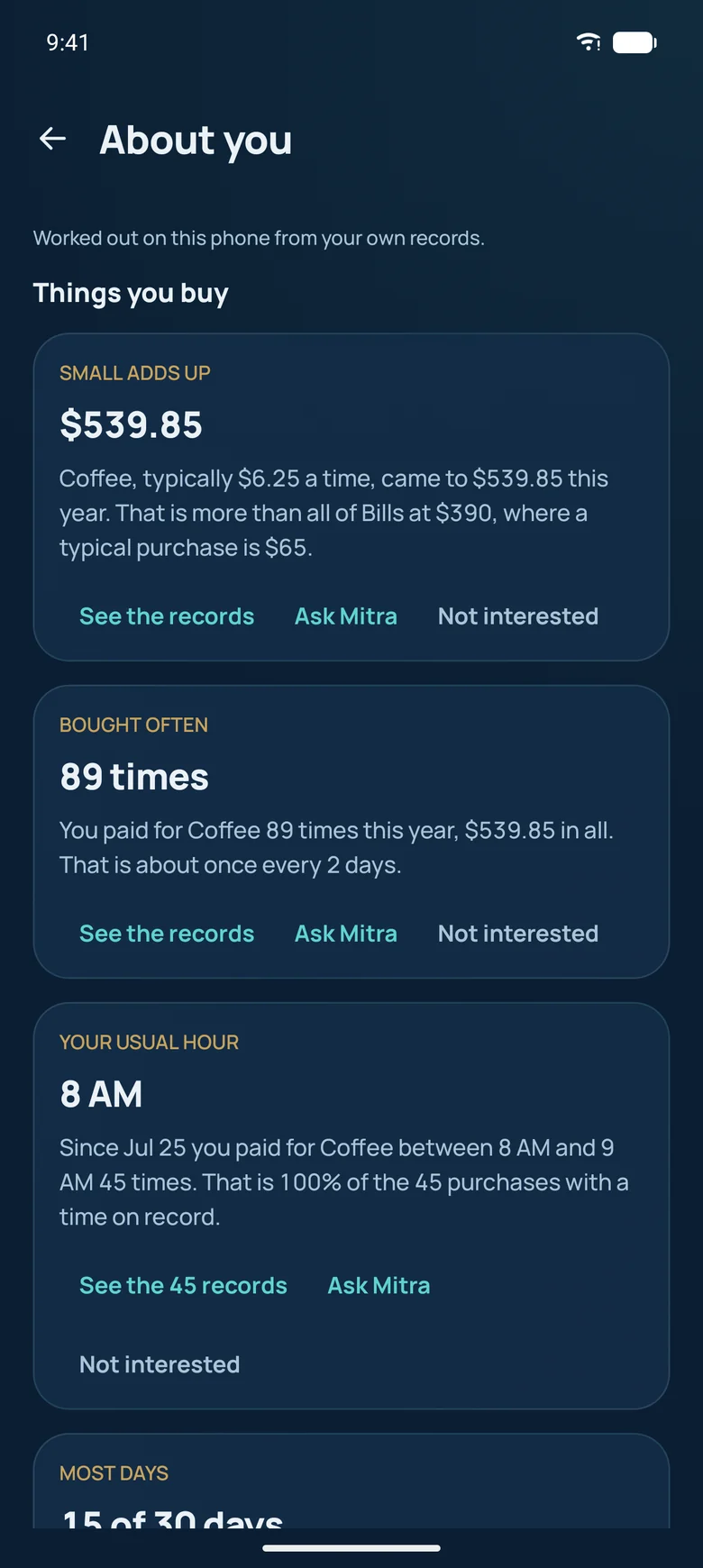 About you screen listing facts worked out from the person's records