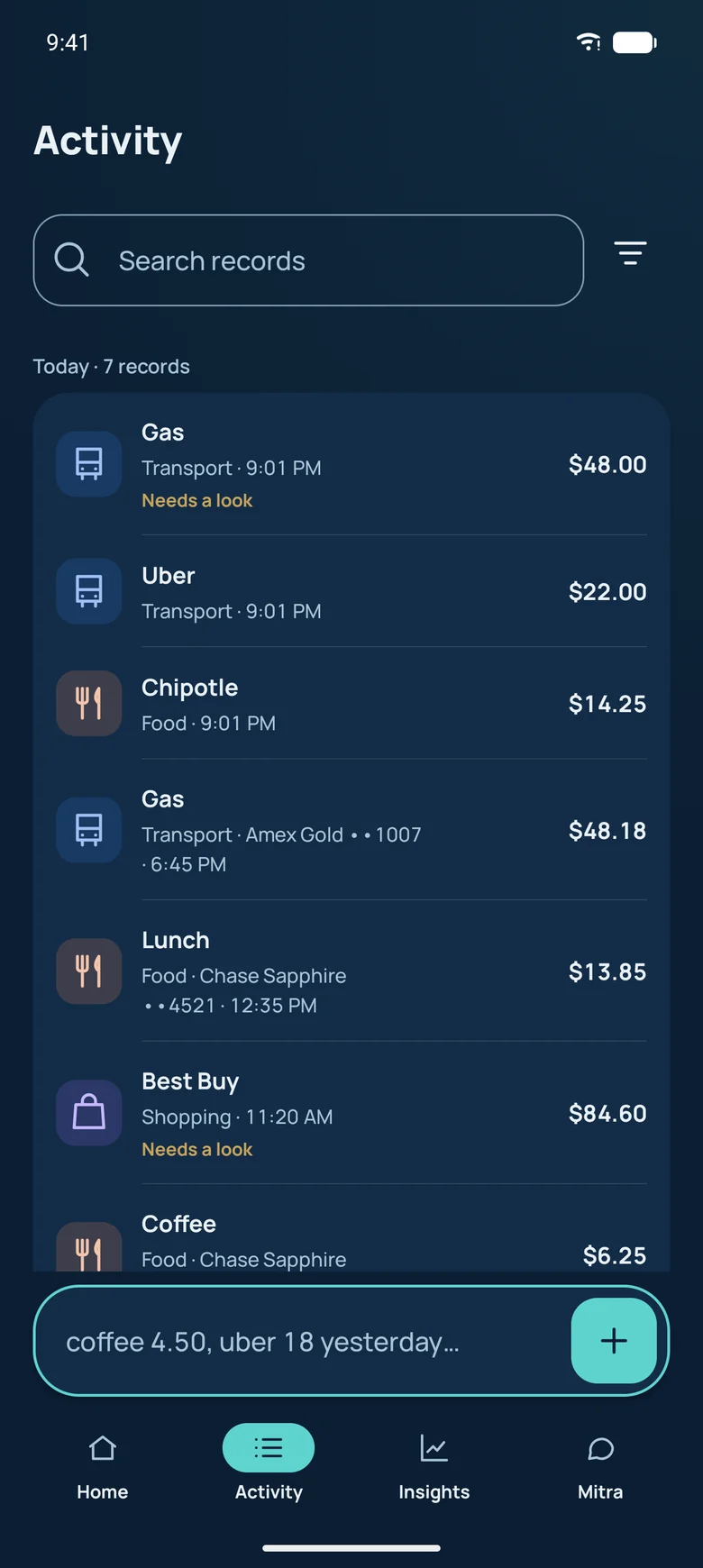 Activity screen with payments grouped by day