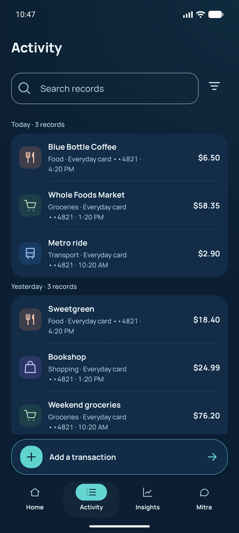 Paymitra Activity screen showing grouped payments and search