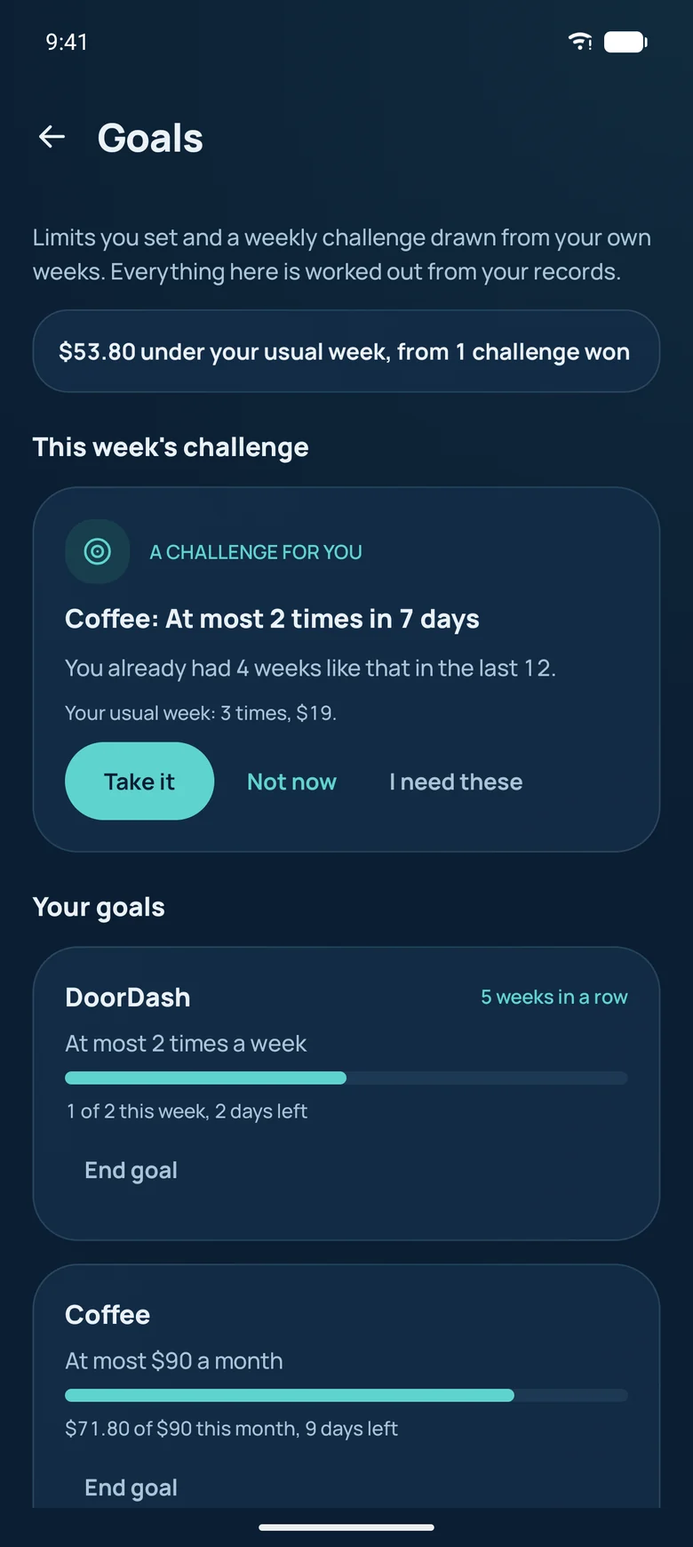 Goals screen with weekly limits, a savings goal and a won challenge
