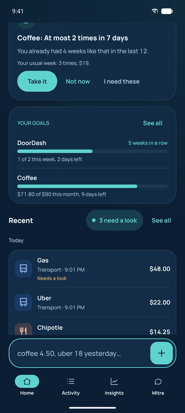 Home offering a weekly challenge beside the goals card