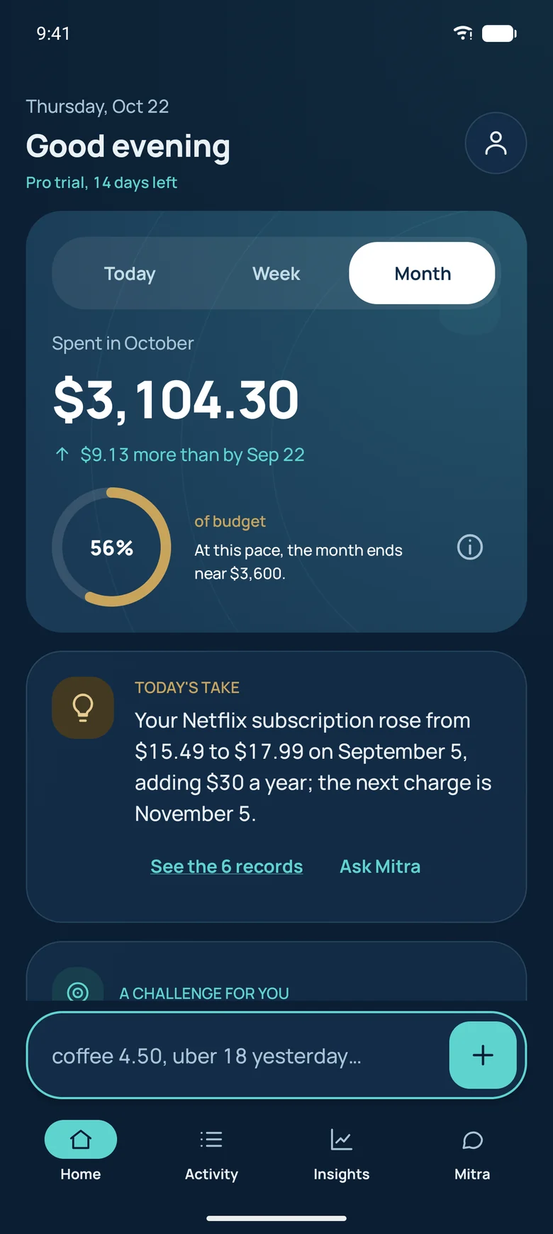 Home with this month's spending, budget pace and Today's take