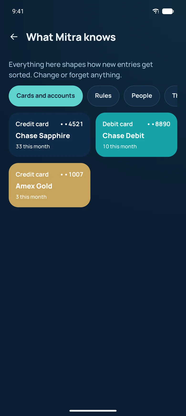 What Mitra knows screen with the cards and accounts it has learned