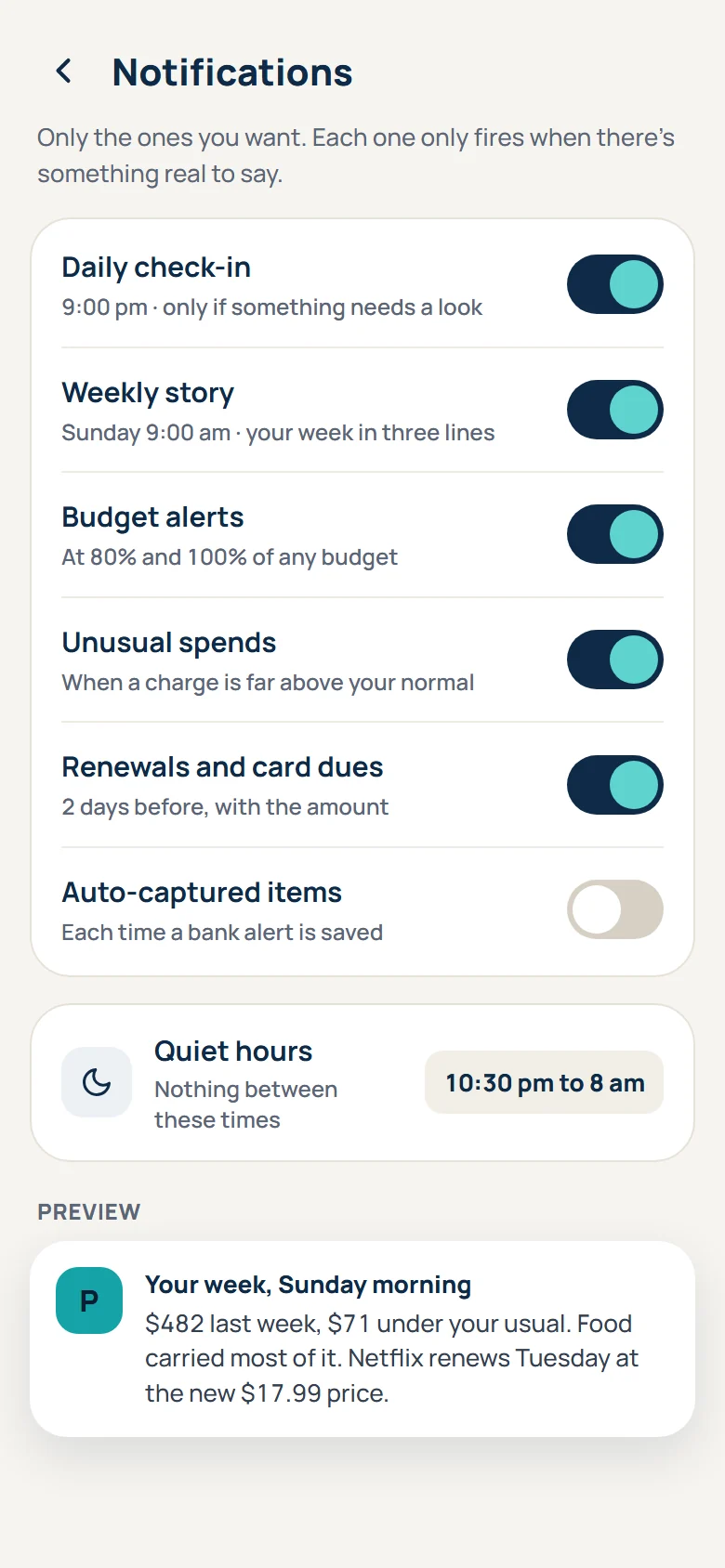 Notification settings with daily check-in, weekly story, budget alerts, renewals and quiet hours
