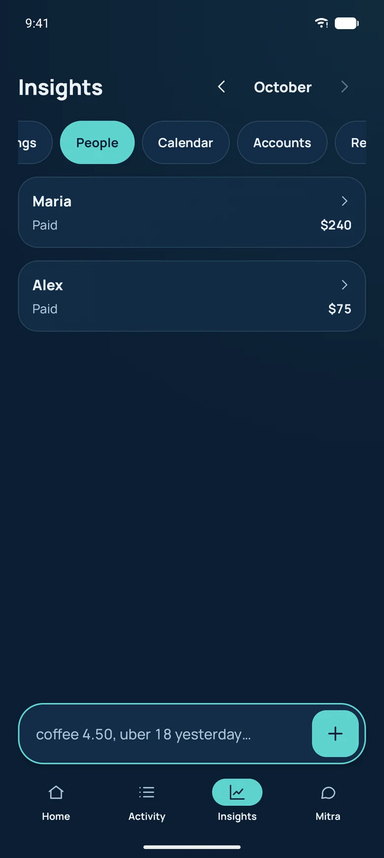 People section showing money lent and paid back