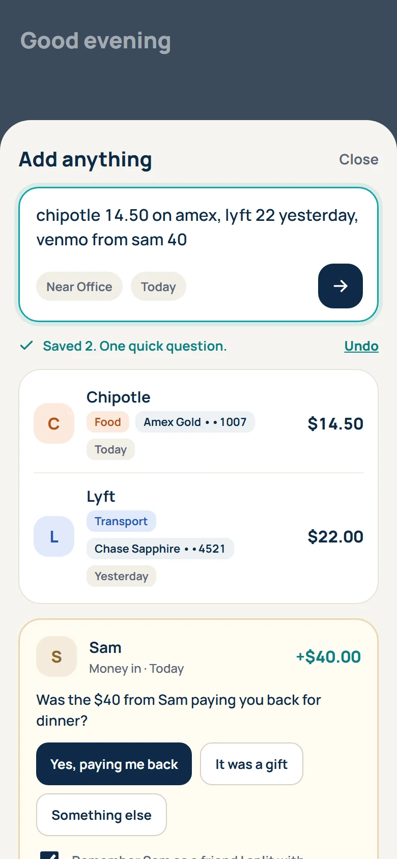 Quick add screen saving several payments typed in one line